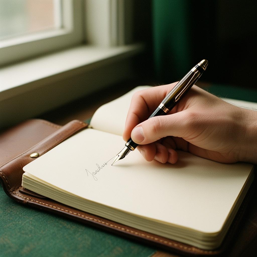 A hand writing in a leather-bound journal