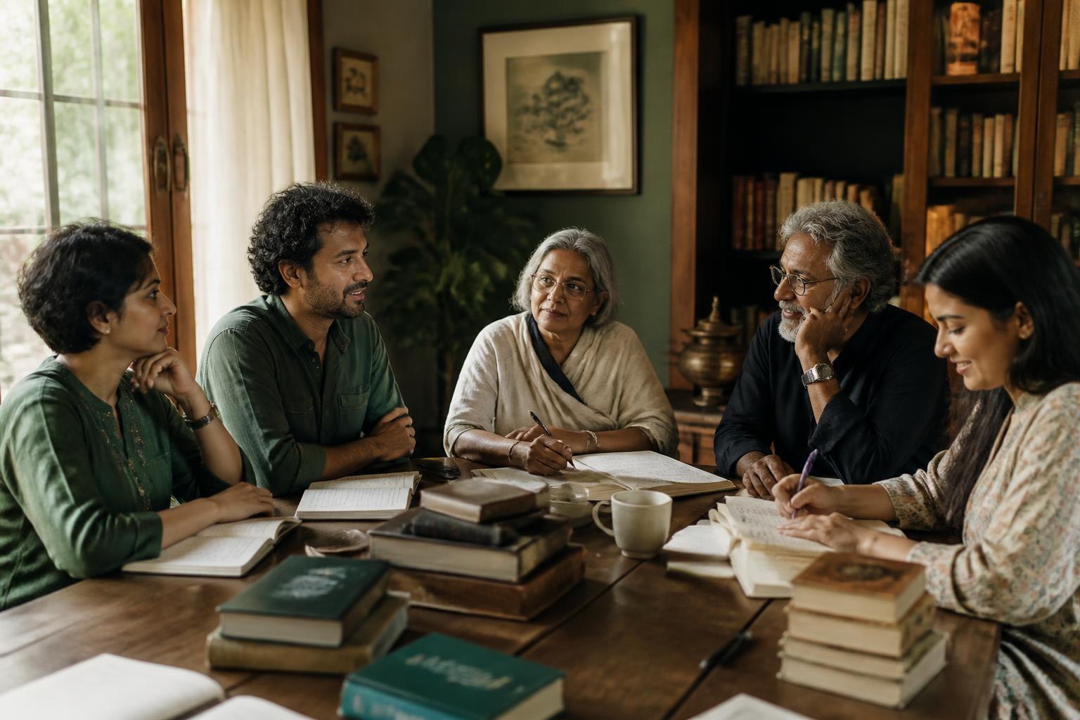 A small group of writers at a sunlit library table